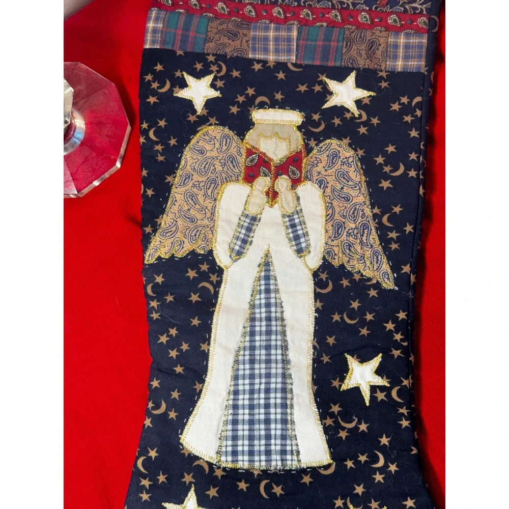 Handmade Quilted Angel Christmas Stockings Set of 2 Celestial Navy Patchwork